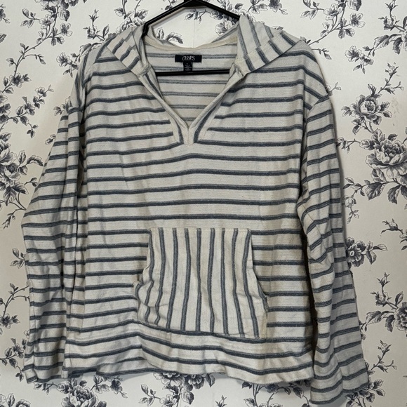Chaps Sweaters - Chaps Women's V-Neck Striped Sweater - Gray and Cream